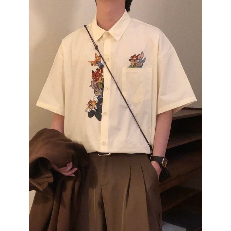 Verão americano Retro solto Street Wear dos desenhos animados bordado Design sentimento chique camisa de manga curta top