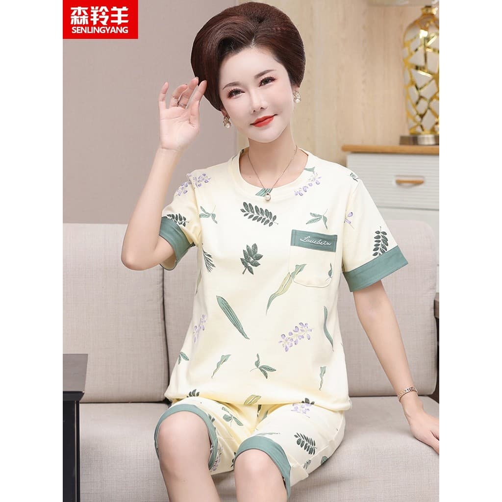 Mãe pijamas de manga curta feminino verão calças cortadas puro algodão Homewear terno de meia-idade feminino verão fino
