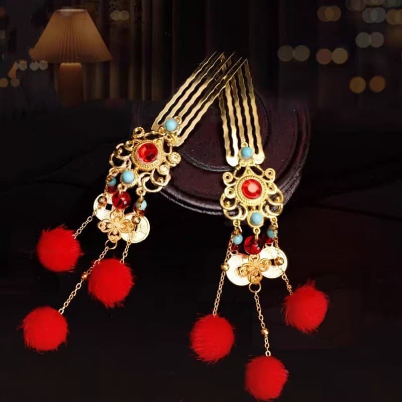 Pequeno Deus da Riqueza Cocar de Ano Novo Antigo Hanfu Bola de Cabelo Coroa de Cabelo Estilo Chinês Cocar Vermelho Acess