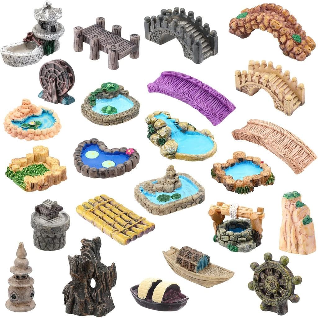 Meooeck 24 Peças Acessórios de Jardim em Miniatura, Mini Figuras de Ponte de Fadas, Decoração de Jardim com Lago, Farol
