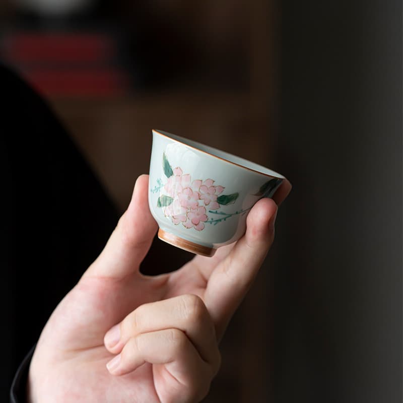 Xícara de chá, xícara de chá Kung Fu, conjunto de chá, xícara com design de flor de hortênsia, xícara de chá para convid