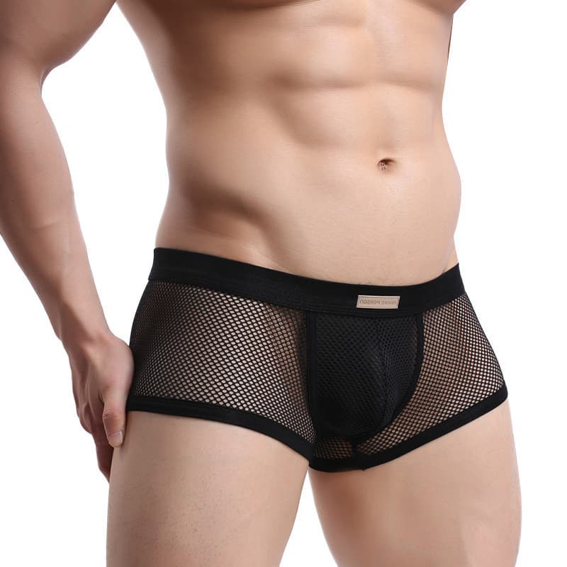 Cueca boxer masculina em malha transparente de seda gel elástica, costura misturada com algodão, bolsa anatômica 3D,