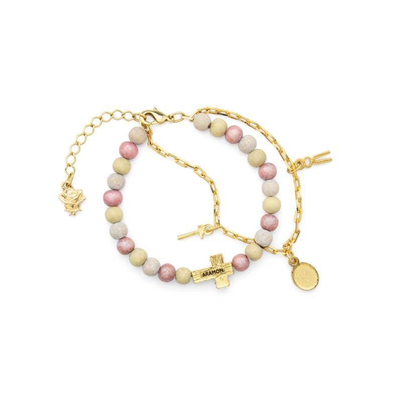 PULSEIRA NOSSA SENHORA DE LA SALETTE MADEIRA ROSE DOURADO TERÇO DE PULSO MEDALHA PROTEÇÃO FÉ CATÓLICA