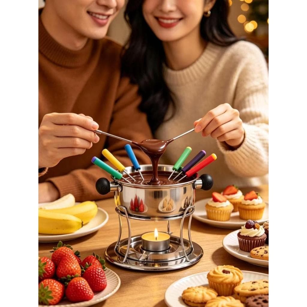 Conjunto de Panela para Fondue em Aço Inoxidável Queijo e Chocolate C/10 PÇS 1L - CA12134