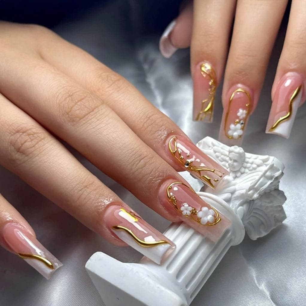 Prensa De Ponta Francesa De 24 Unidades Nas Unhas-Postiças Quadradas Médias Com Design De Margarida Em Relevo 3D , Falsa