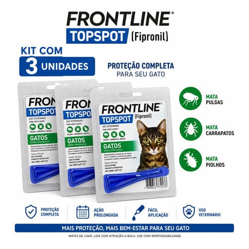 Kit 3 Frontline Topspot Gatos Pipeta Piolho Carrapato Pulgas Azul