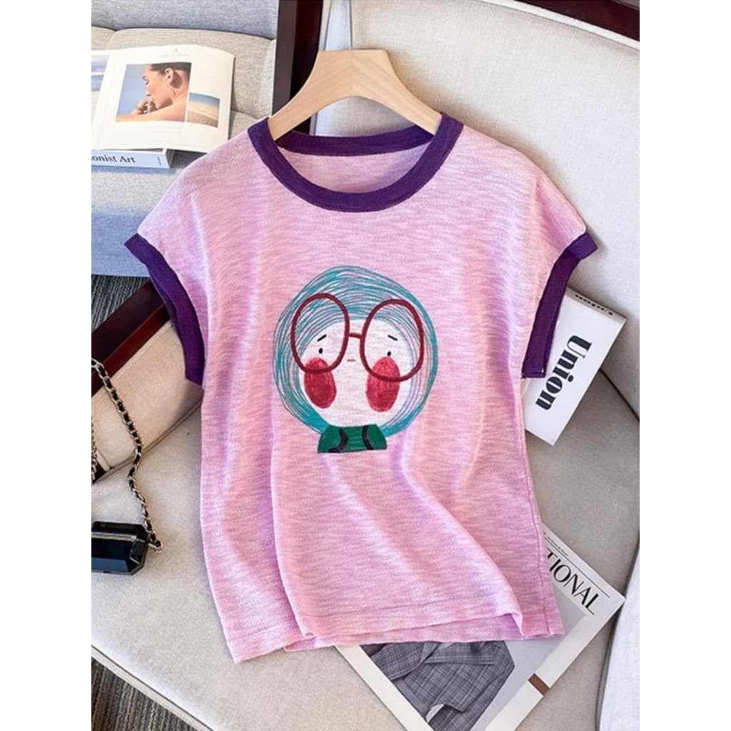Slub linho de manga curta camiseta feminina verão 2025 novo estilo tamanho grande solto mais magro olhar capa barriga co