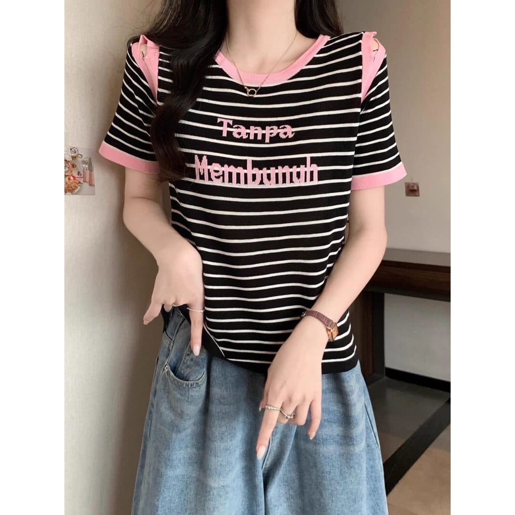 Plus Size roupas femininas soltas mais finas olhar listrado camiseta de manga curta feminina verão irmã gorda estilo oci