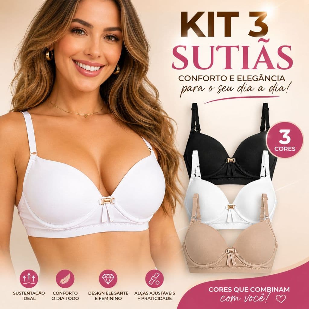 Kit 3 Sutiãs com Bojo Microfibra Reforçada Conforto Diário Sustentação e Ajuste Perfeito