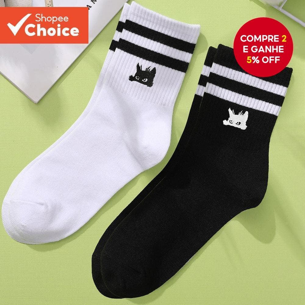 2 Pares De Meias Da Moda Coreana – Simples De Cor Sólida Com Salto Gatinho E Cano Médio (Estilo Escolar Preppy , Preto/B