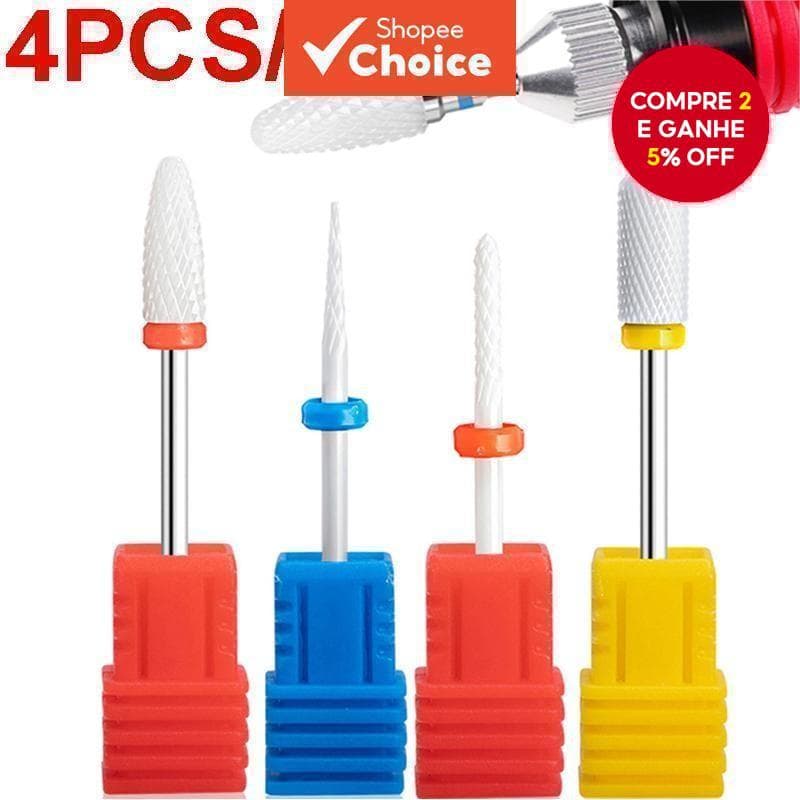 Kit com 4 brocas de cerâmica para unhas, ideal para perfuração, cutículas, manicure e pedicure em casa.