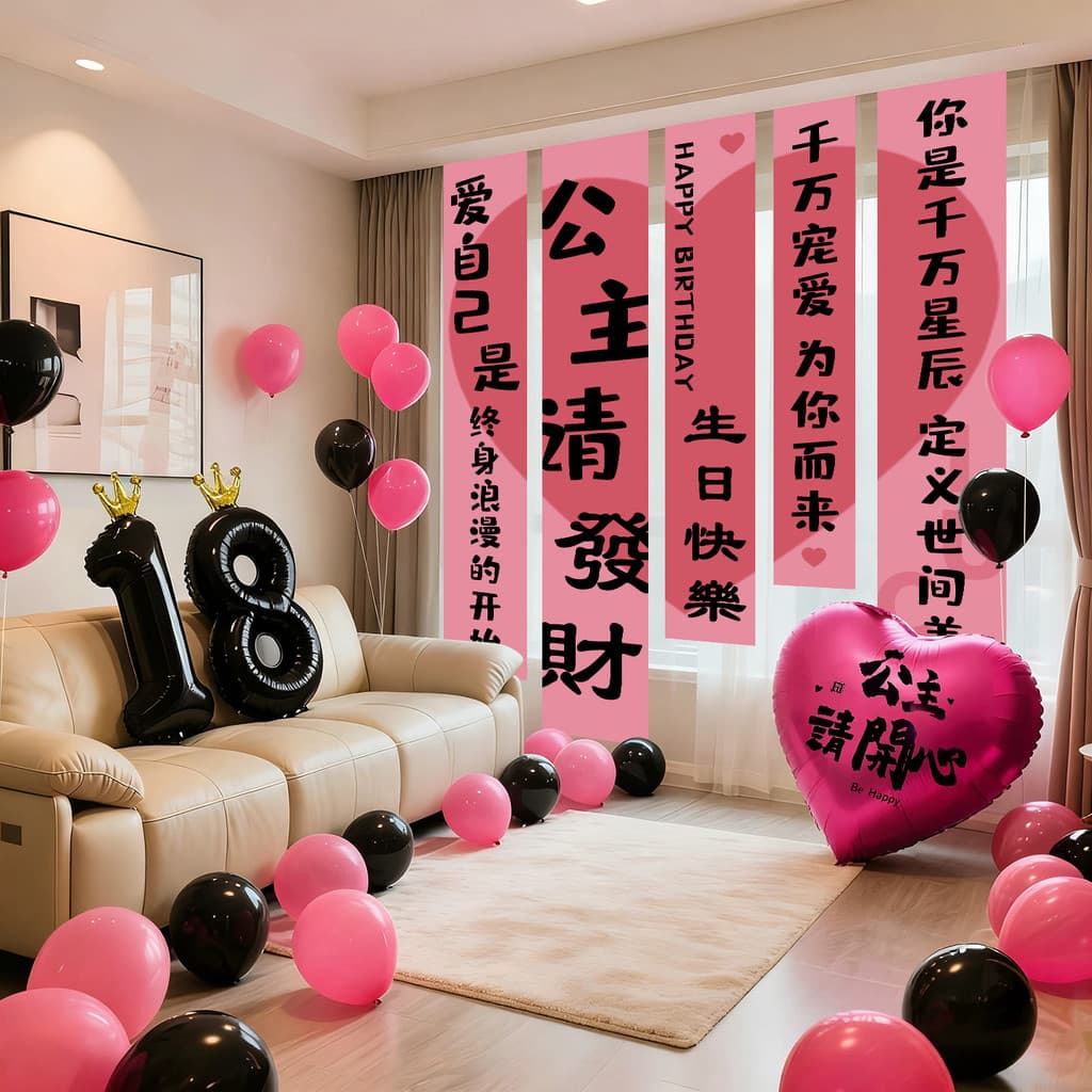 Meninas 18 anos de idade adulto etiqueta adereços tema aniversário balão atmosfera fundo decorações parede cena Layout