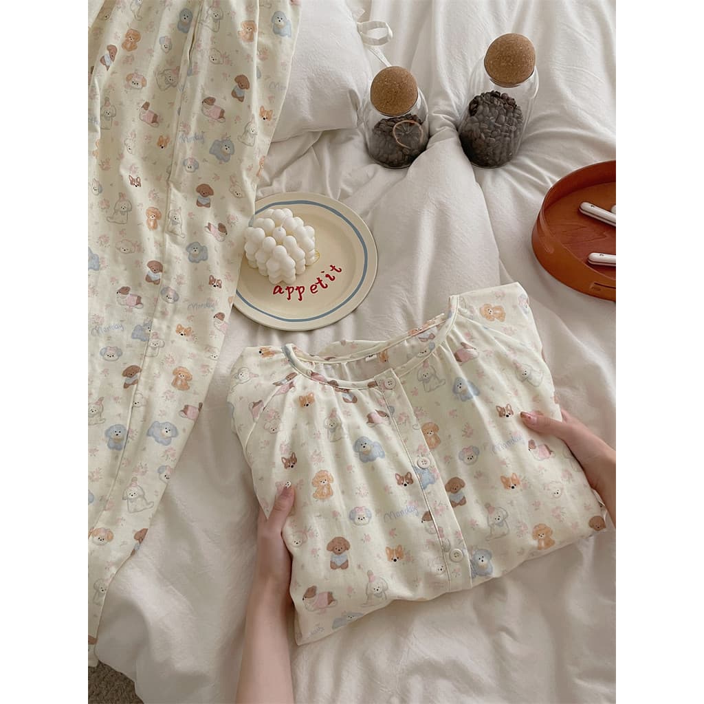 Pijama de gaze de algodão puro macio feminino primavera outono estilo manga comprida bonito estilo coreano em torno do p