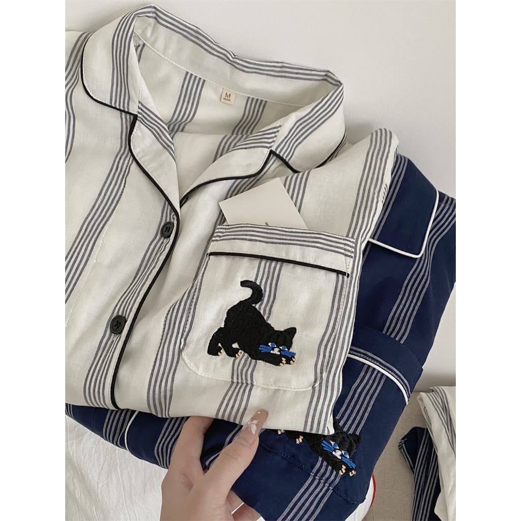 Gaze de algodão puro de alta densidade, manga comprida, roupa de casa masculina, listrada, branca, camada dupla, gaze Co