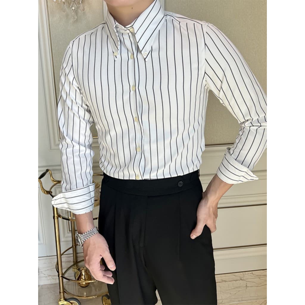 Primavera outono Casual botão colarinho camisa masculina italiano britânico Retro listras negócios cavalheiro fino-ajust