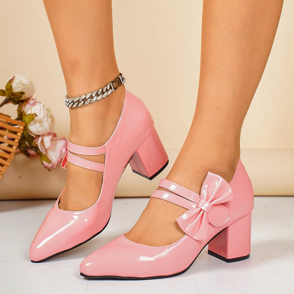 Sapatos de salto alto de salto grosso estilo europeu americano bico fino leve e confortável com laço Mary Jane
