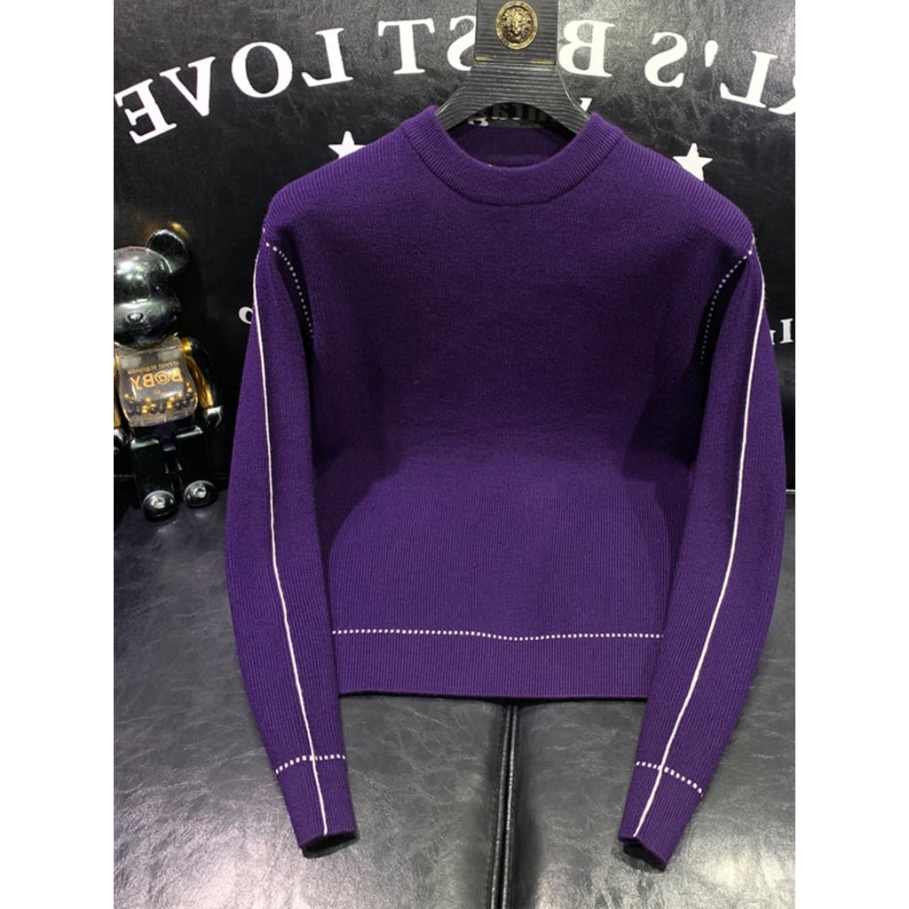Americano Retro Casual All-Match em torno do pescoço camisola de manga comprida masculino roxo Topstitch Design nicho ma