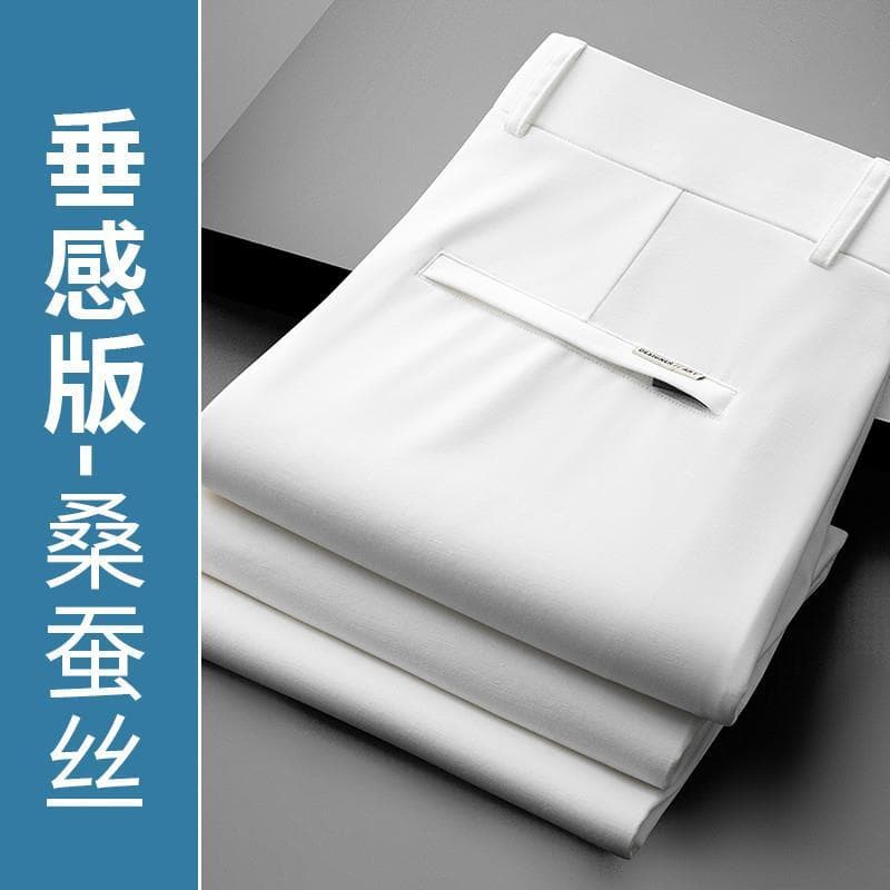 Boutique Drape _ calças casuais masculinas de seda amoreira verão fina luz calças de negócios masculinas soltas retas ca