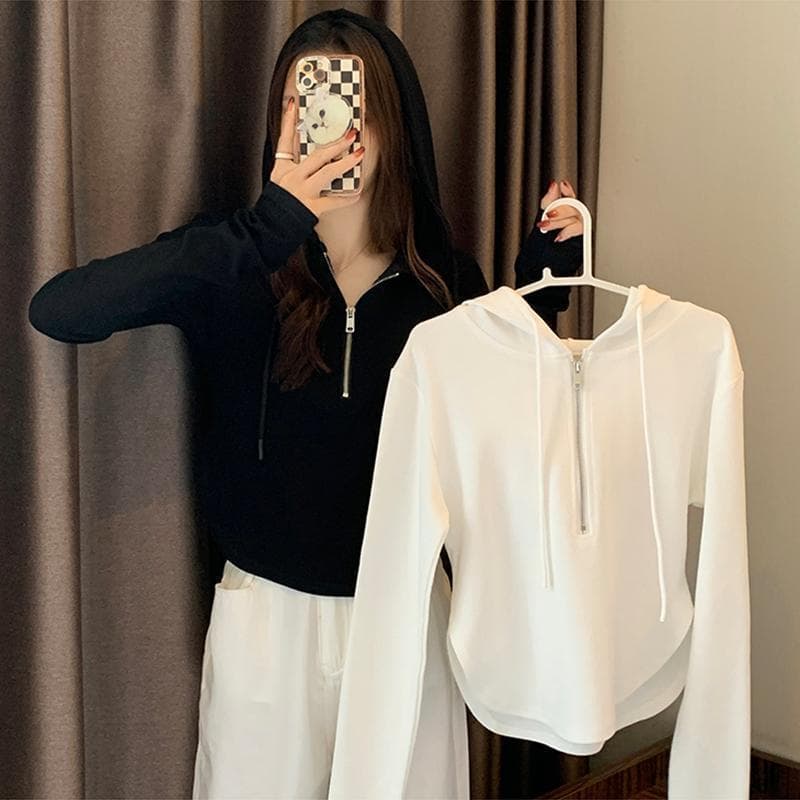 Estilo curto com capuz meio zíper moletom feminino outono inverno puro desejo estilo Irregular Formal ombro fino ajuste
