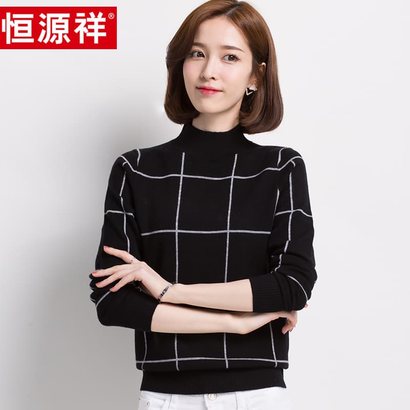Hengyuanxiang Suéter feminino de lã pura moda xadrez suéter meia gola alta pulôver malhas quentes