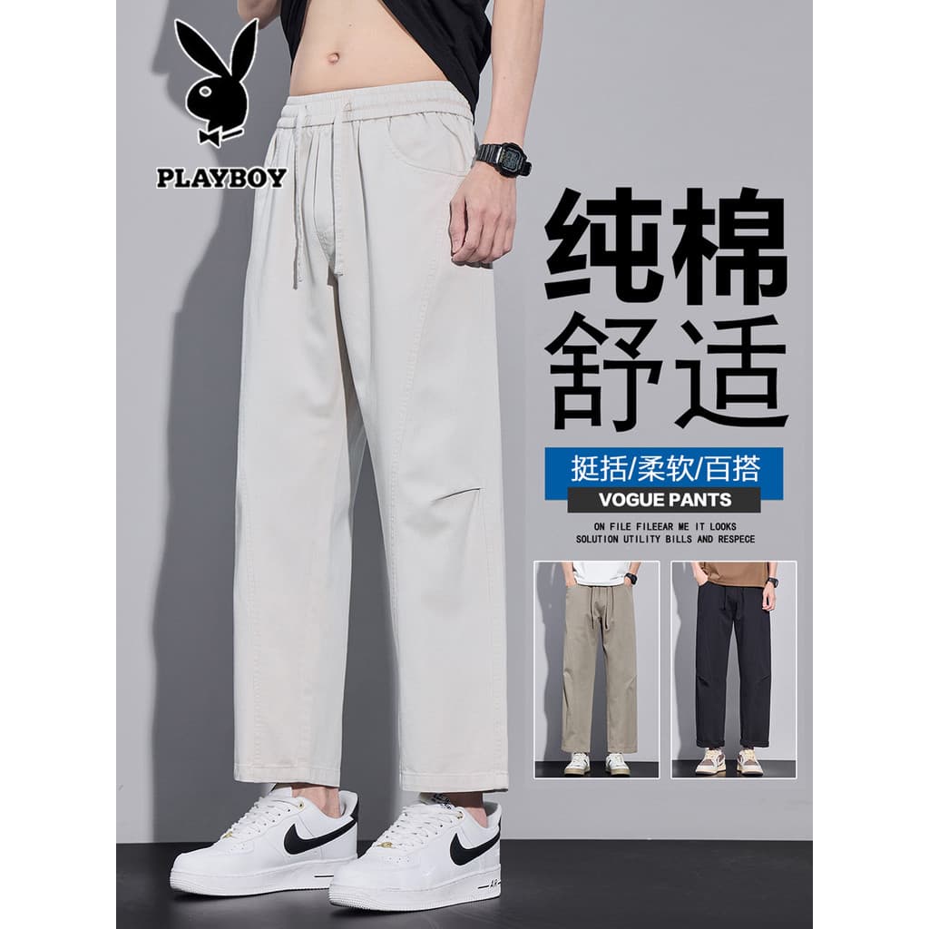 Playboy branco puro algodão calças casuais homens verão fino solto em linha reta tornozelo-perna calças estudante All-Ma