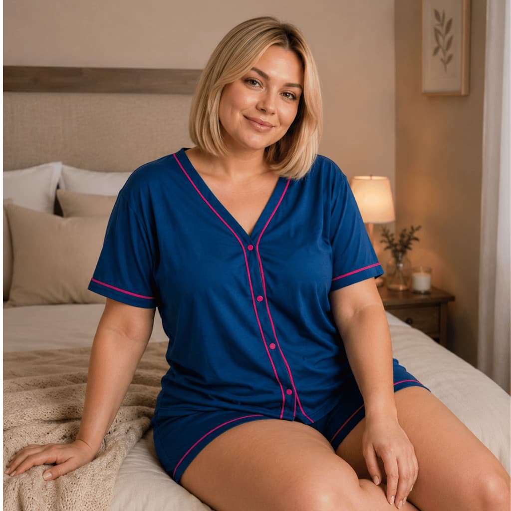 Pijama Plus Size Feminino Aberto com Botões Manga Curta Short Confortável