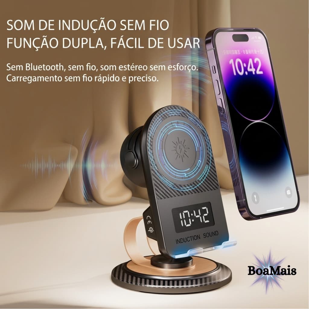 Novo - Suporte Carregador Por Indução e Caixa de Som Bluetooth para Celular e Tablet – 137x90x40mm.