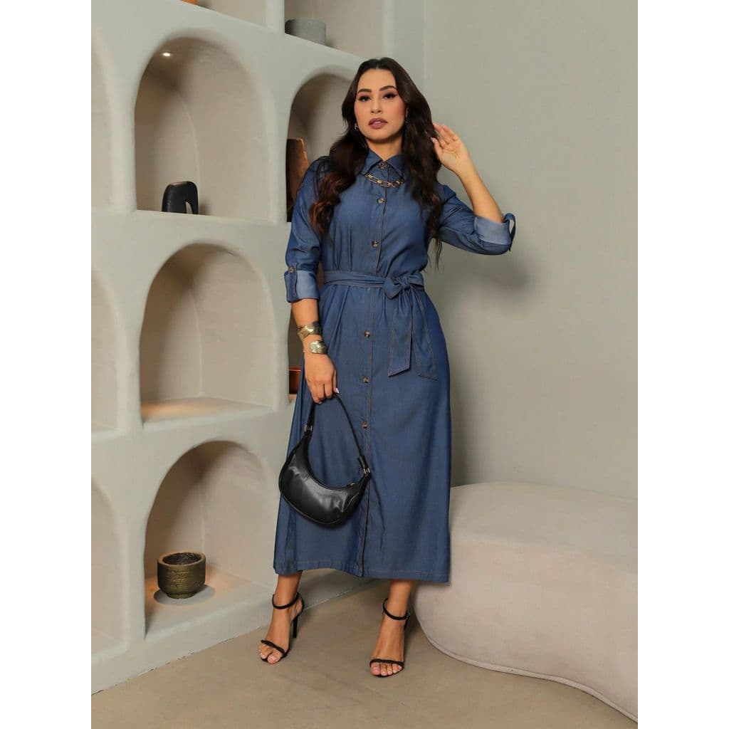 vestido longuete luxo chambray imitação jeans com botao manga longo outono inverno