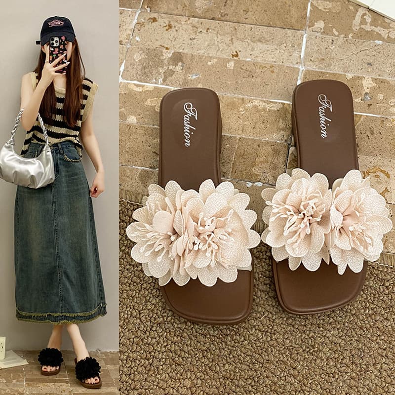 Xiaoxiang estilo flor dupla Flip-Flops feminino verão exterior Wear All-Match antiderrapante sola macia sandálias de sal