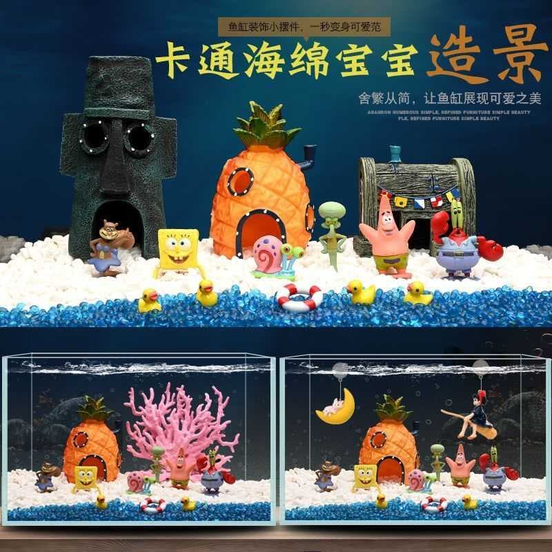 Bob Esponja Calça Quadrada Decoração de Paisagismo de Tanque de Peixes Conjunto Completo Pequenos Enfeites Guppy Peixe J