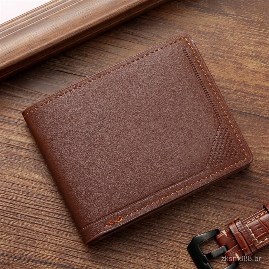 Carteira masculina fina e horizontal, design com múltiplos compartimentos para cartões, grande capacidade, material de c