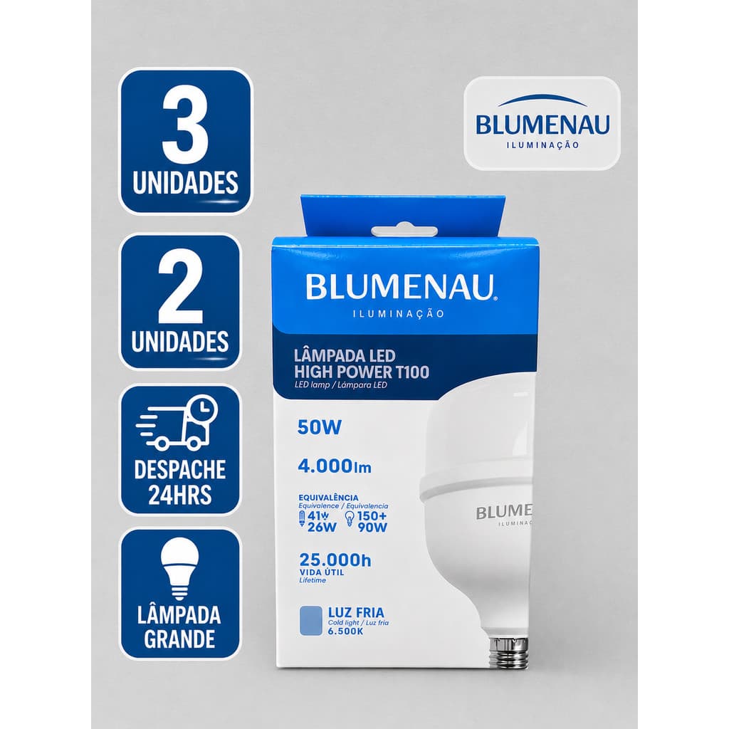 Kit 3 / 2 /1 Lampadas Led 50w Alta Potencia Bivolt 6500k Branco Frio Blumenau Iluminação Galpão Super Bulbo Grande Forte