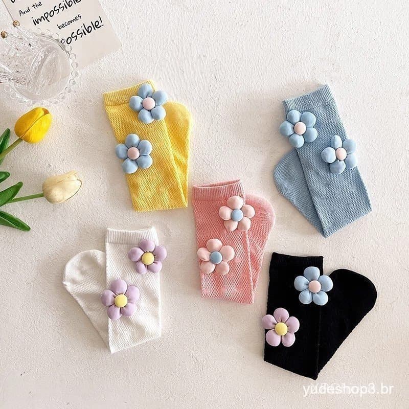 Crianças meias meninas 3D bonito flor malha meias bebê colorido algodão bezerro meias