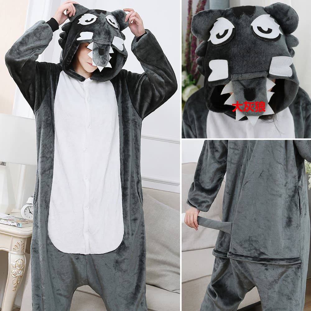Macacão De Lobo De Desenho Animado Para Adultos – Pijama De Pelúcia Quente Com Capuz , Ideal Dormir , Festas Temáticas E