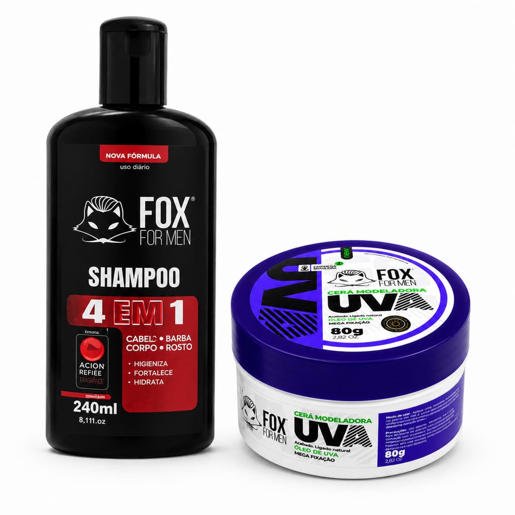 Kit Shampoo 4 em 1 Cabelo Barba Corpo + Cera Modeladora Uva Fox For Men Fixação Forte e Sem Frizz