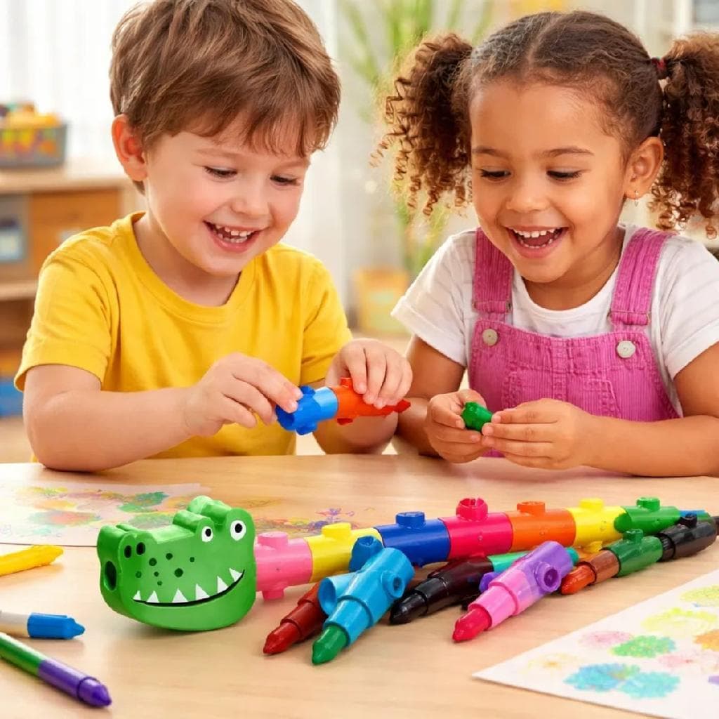 Giz de Cera Montável 12 Cores Infantil Encaixável Não Tóxico Escolar  para Desenhar e Pintar