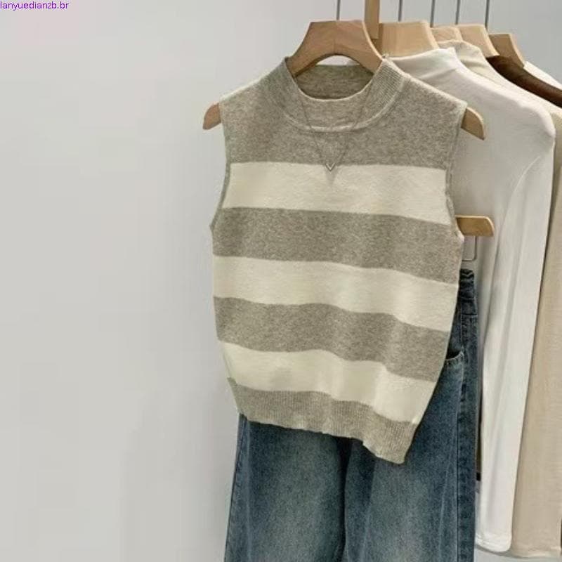 Único americano Retro em torno do pescoço contraste cor sem mangas colete de malha feminino 2026 verão novo estilo High-