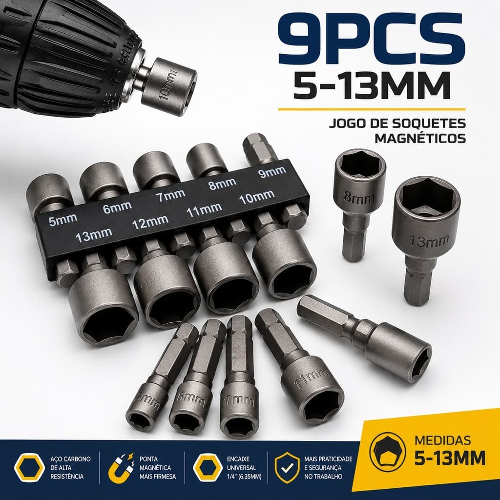 Jogo de Bits Soquete Canhão para Parafusadeira 5 A 13mm