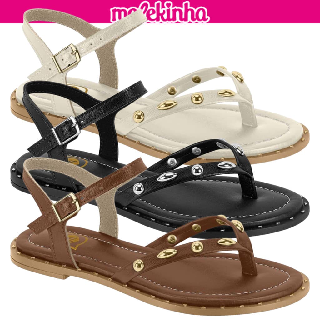 Sandália Infantil Molekinha Rasteira Menina Tachas Metalizadas Original