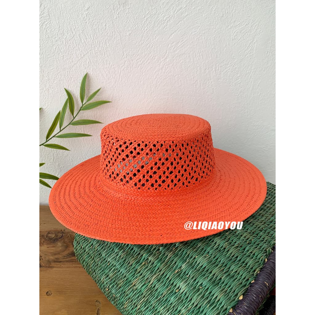 Li Qiaoyou <Sabor Laranja Verão < Francês Oco Sombrinha Chapéu de Palha Feminino Verão Férias Praia Chapéu de Sol