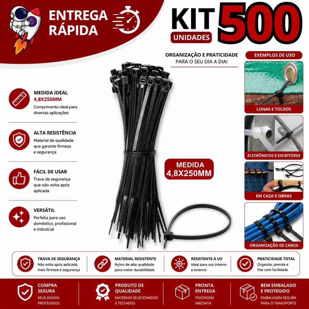 Kit 500 Abraçadeiras de Nylon Enforca Gato 25cm Fixador de Fios e Cabos