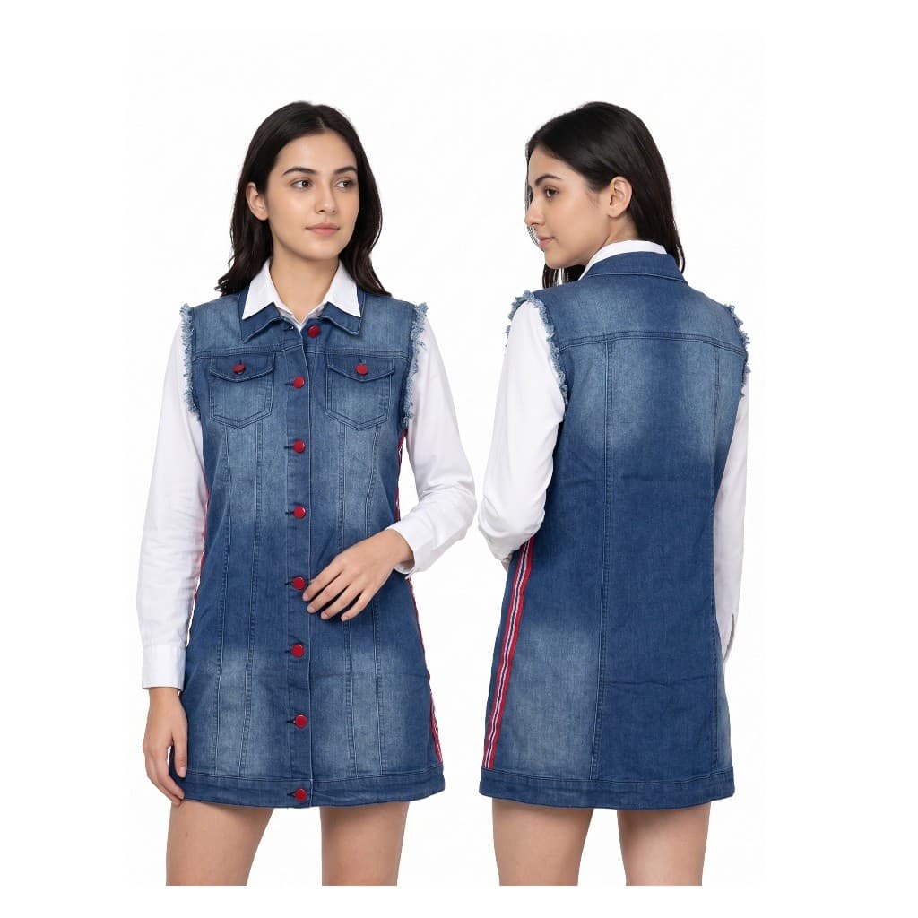 Colete Jeans Longo Feminino Destroyed com Bolsos e Abotoamento Frontal