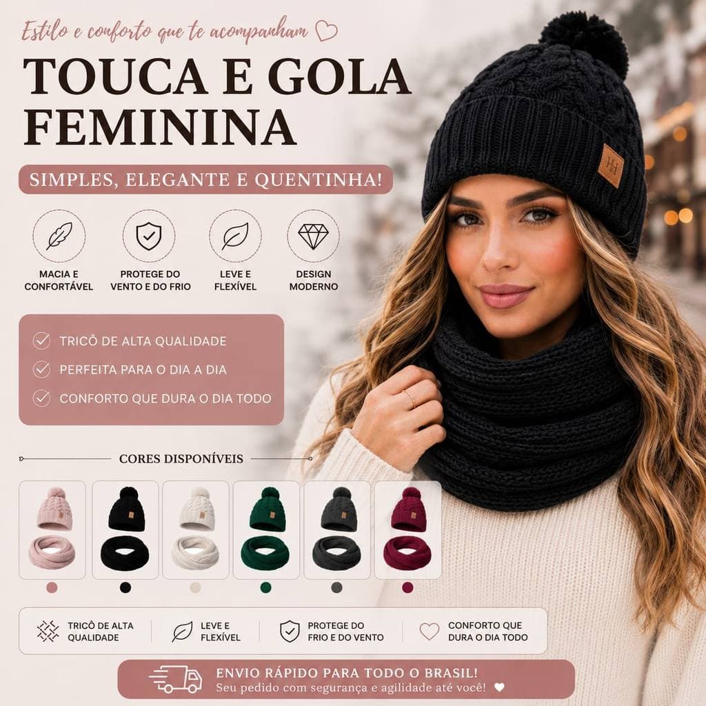 Kit Gorro + Gola Cachecol Feminino de Lã | Touca Tricot Quentinha para Inverno