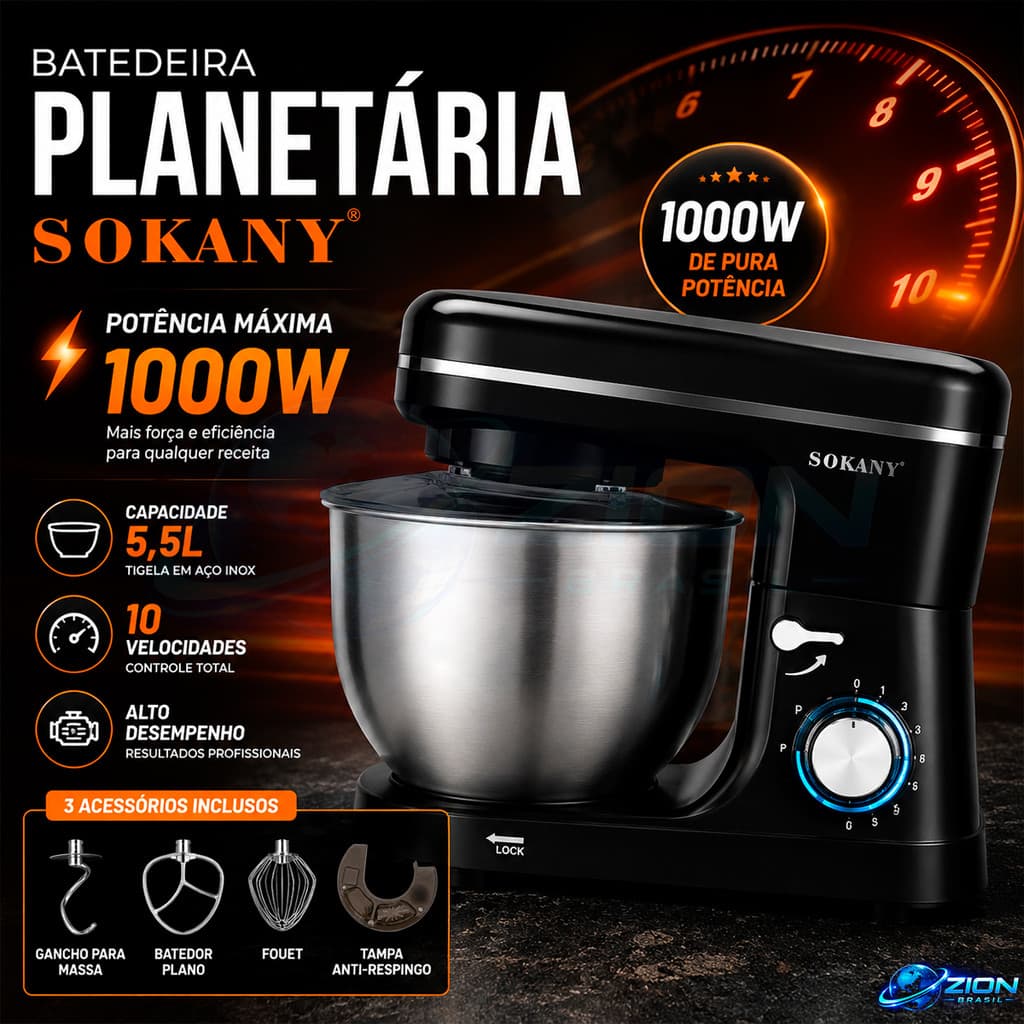 Batedeira Planetária 110V Com Tigela Inox 5,5L Para Confeitaria Bolos Cremes e Massas Caseiras