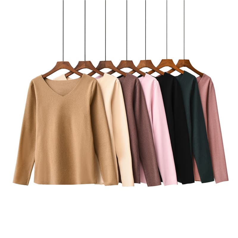 Outono inverno alemão veludo manga comprida camisa de fundo feminino forro de lã engrossado com decote em V sem costura