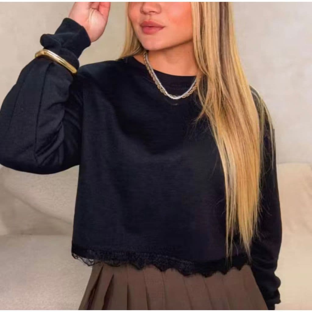 Cropped Moletom Feminino Flanelado com Renda Grosso Quentinho