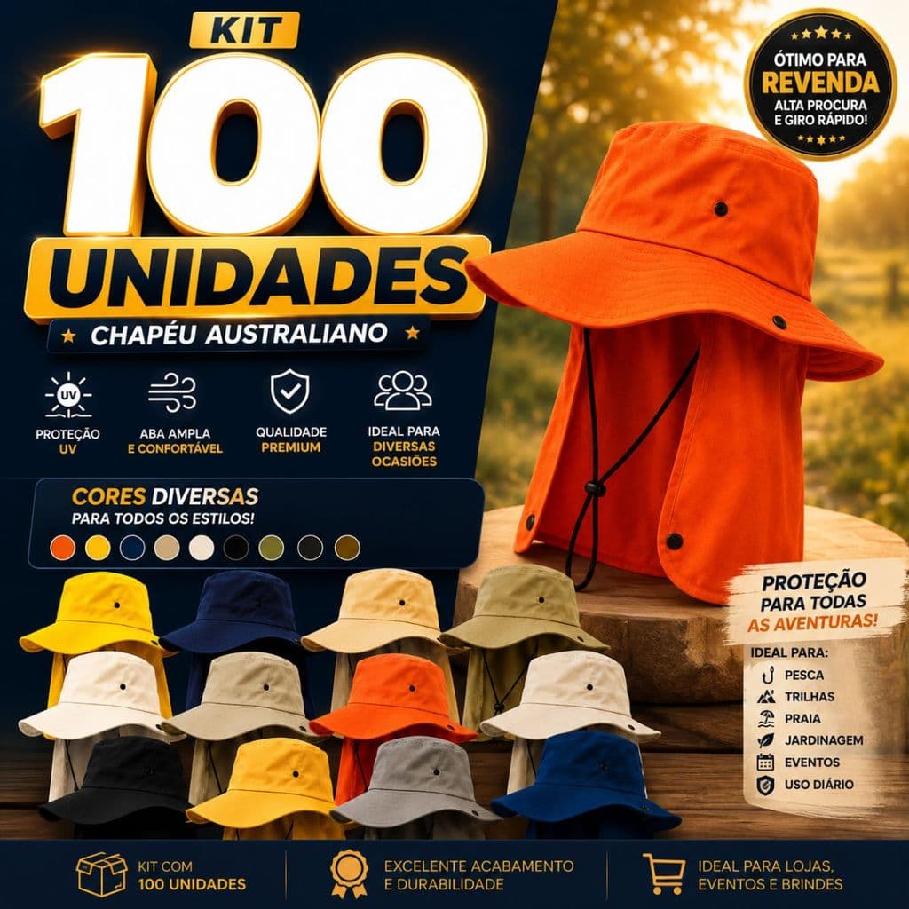Kit 100 Chapéus Outdoor Aba Larga com Protetor de Nuca para Aventuras Solares