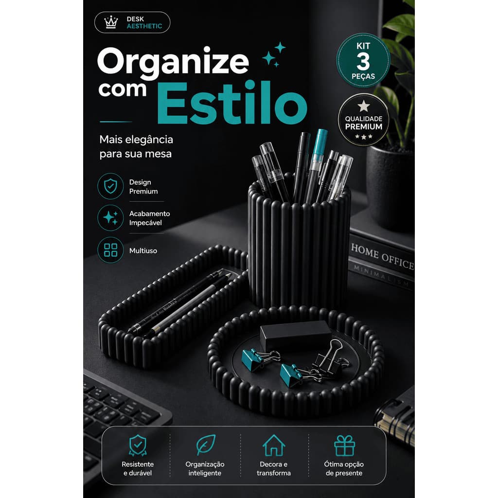 Organizador Mesa Home Office Preto Branco Kit Porta Caneta Clips Minimalista Moderno Escritório