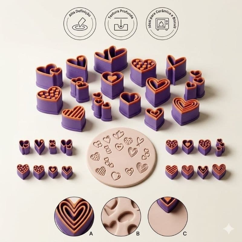 Kit Carimbo Coração para Cerâmica Argila Biscuit Artesanato Cerâmica Fria