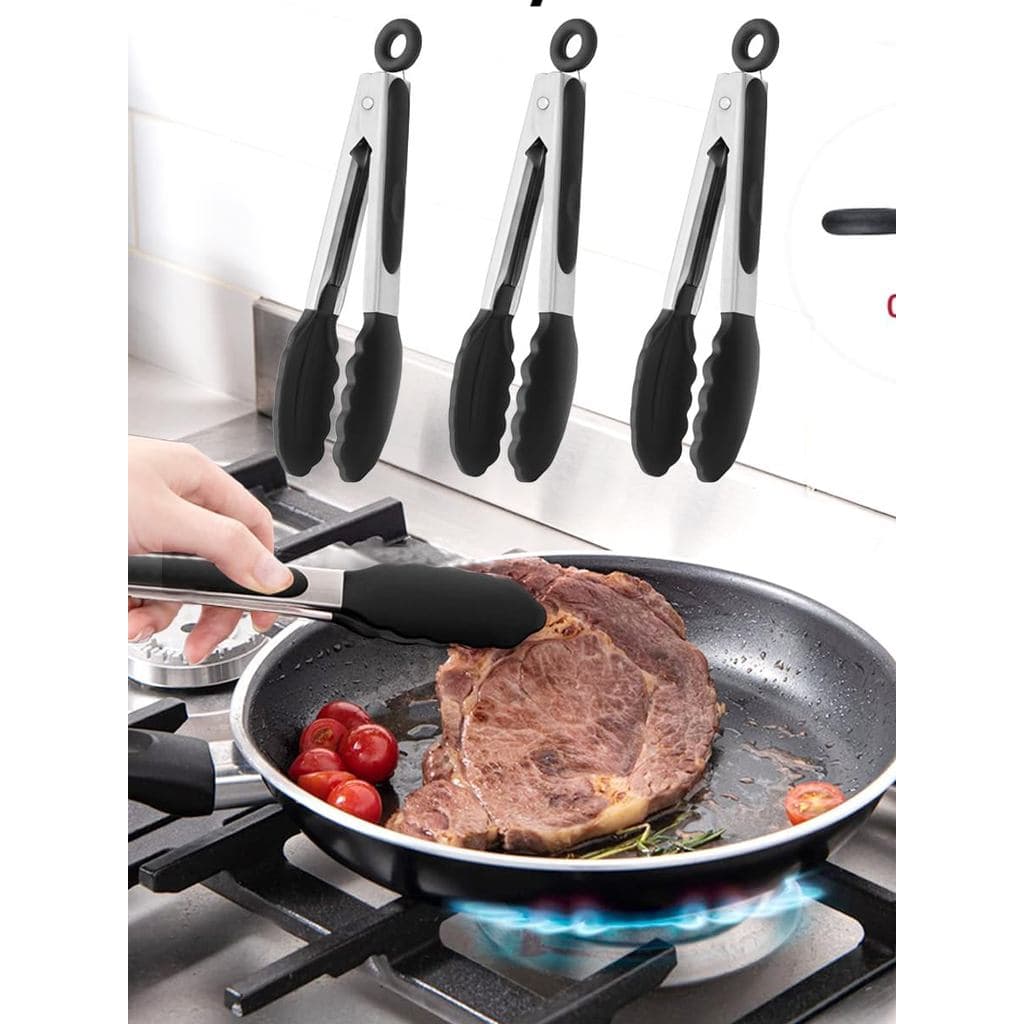 Conjunto de 3 pinças de cozinha de silicone de 7 polegadas para servir, utensílios de aço inoxidável com pontas, antiade